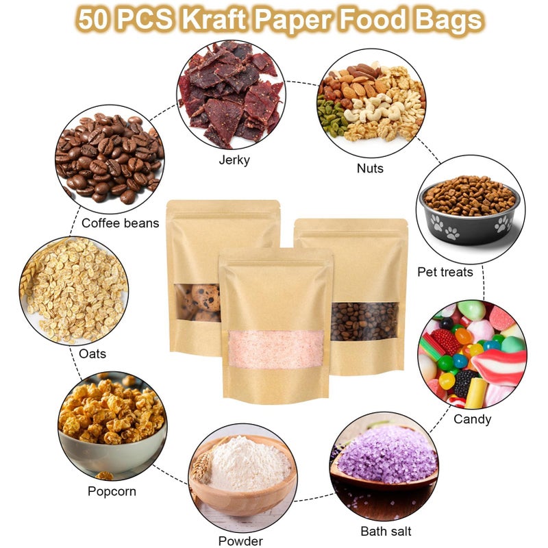 Blisstime Stand Up Pouches, 50 Pack Kraft Paper Bags with Matte Window and Tear Notch Resealable Bags for Small Business Home Use (5.5 x 7.3 Inches) - Image 5